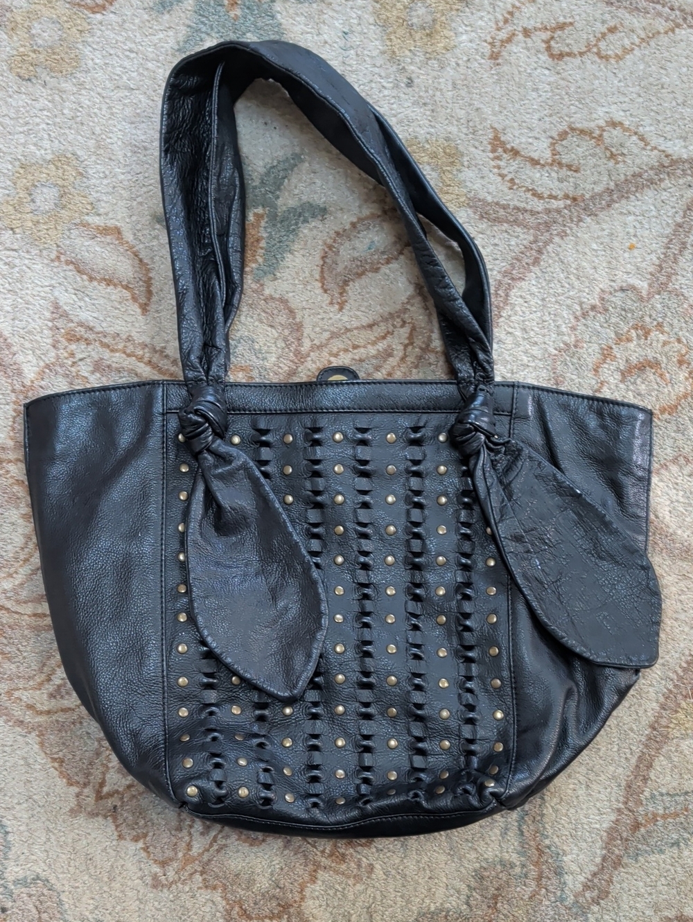 Frye Jade Black Studded Woven-Detail Tote Bag